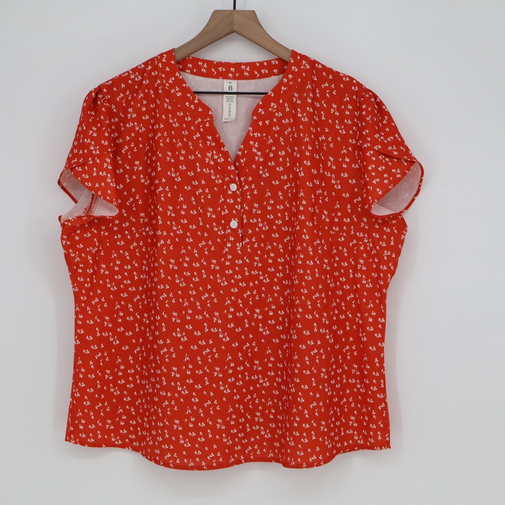 B Blouse Womens XL Split Neck Red Floral Short Sleeve Stretch Excellent